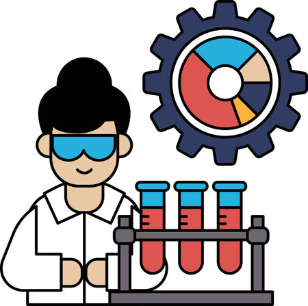 A man in a lab coat is holding a beaker and smiling. The image is about science and experimentationのイラスト素材