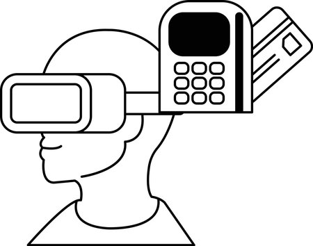 A man wearing a virtual reality headset with a cell phone and credit card on his head. Concept of modern technology and the integration of different devices into our daily livesのイラスト素材