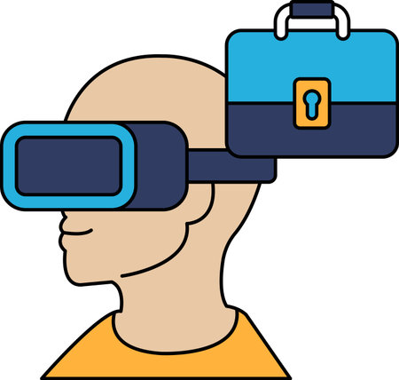 A man wearing a VR headset is holding a briefcase. The man is smiling and the briefcase is open. Concept of excitement and adventure, as the man is ready to explore new worlds through the VR headsetのイラスト素材