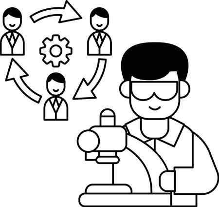 A man is wearing a lab coat and is holding a device. The image is about a man working in a labのイラスト素材