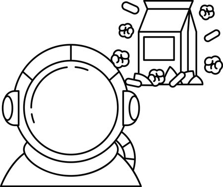 A man in a spacesuit is looking at a box of cereal. The cereal is in a bag and is falling out of the boxのイラスト素材