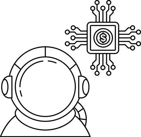 A man in a spacesuit is looking at a computer screen with a dollar sign on it. Concept of technology and money, and the mood is somewhat serious and focusedのイラスト素材