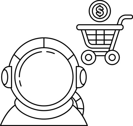A man in a spacesuit is standing next to a shopping cart. The cart is filled with a dollar billのイラスト素材