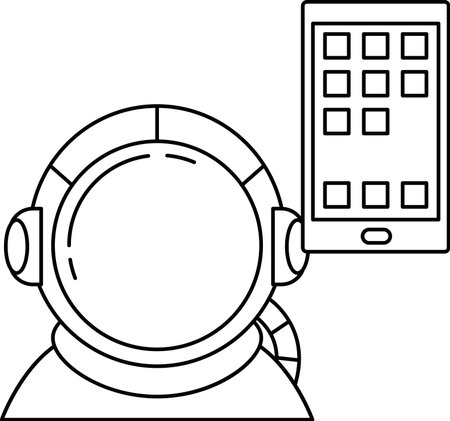 A man in a space suit is wearing headphones and looking at a tablet. The tablet has a lot of icons on it, and the man is focused on it. Concept of exploration and technologyのイラスト素材