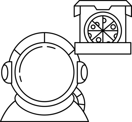 A man in a space suit is looking at a pizza. The pizza is on a boxのイラスト素材