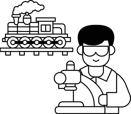 A man is operating a train. He is wearing goggles and a white shirt. The train is on a trackのイラスト素材
