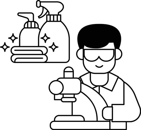 A man is cleaning with a spray bottle and a bottle of cleaner. He is wearing a lab coat and gogglesのイラスト素材