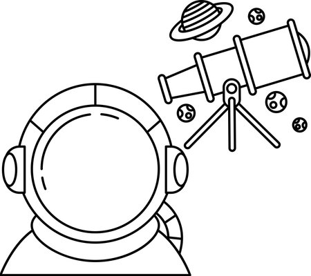 A man in a space suit is looking through a telescope. The telescope is on a tripod and is pointing at a planetのイラスト素材
