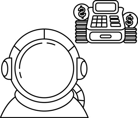 A man in a spacesuit is standing in front of a cash register with a pile of money on top. He looks at the register with a mix of curiosity and excitement, as if he's about to make a big purchaseのイラスト素材