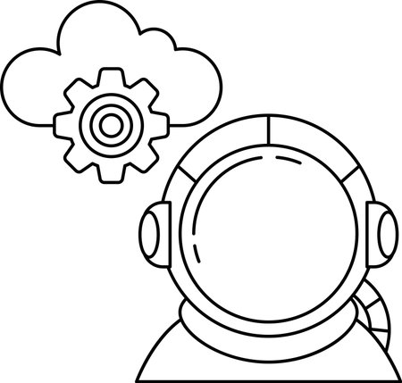 A man in a spacesuit is wearing a headset and looking up at a cloud. Concept of exploration and curiosity, as the man is likely an astronaut or a space explorerのイラスト素材