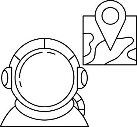 A man in a spacesuit is standing next to a map with a pin on it. Concept of adventure and exploration, as the man is ready to embark on a journey to an unknown destinationのイラスト素材