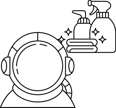 A cartoon of a man in a spacesuit with a spray bottle next to him. The spray bottle is labeled "clean" and the man is looking at itのイラスト素材