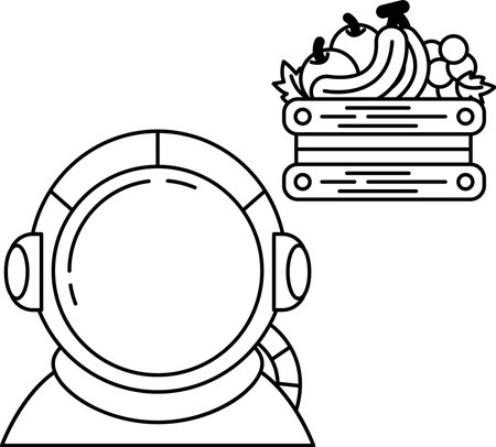 A man in a space suit is looking at a box of fruit. The box is filled with bananas and applesのイラスト素材