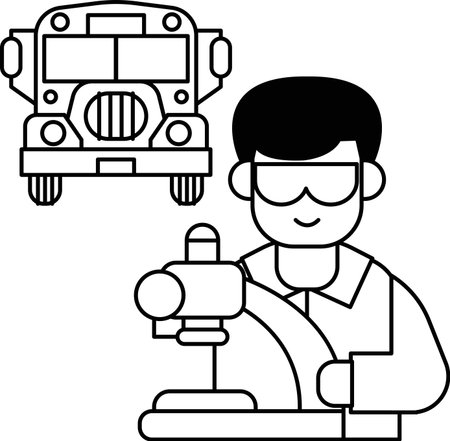A man is driving a bus. He is wearing a pair of goggles. The bus is parkedのイラスト素材