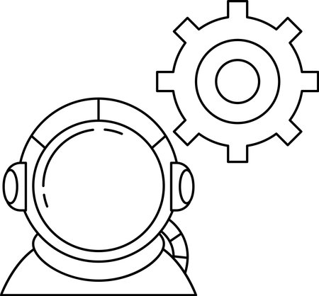 A man in a space suit is wearing a headset and looking at a gear. The gear is large and has a circular shape. Concept of exploration and adventureのイラスト素材