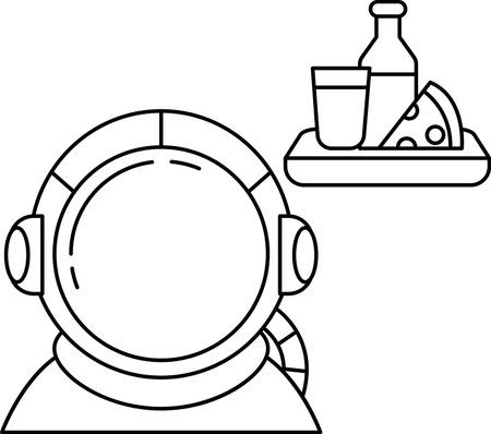 A man in a spacesuit is holding a tray with a pizza, a cup, and a bottle. The pizza is on a plate, and the cup is filled with a drinkのイラスト素材