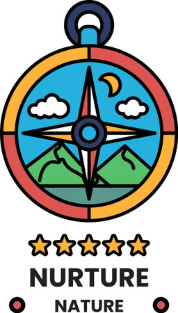 A compass with mountains in the background. The compass is labeled with the word nurtureのイラスト素材