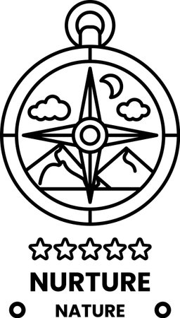 A compass with mountains in the background. The compass is labeled with the word nurtureのイラスト素材