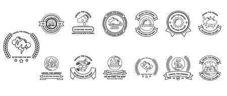 A collection of symbols and logos, including a horse, a tree, and a bird. The symbols are all black...