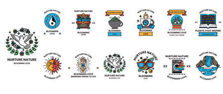A collection of nature-themed icons, including a bird, a tree, and a cup. The icons are arranged in...