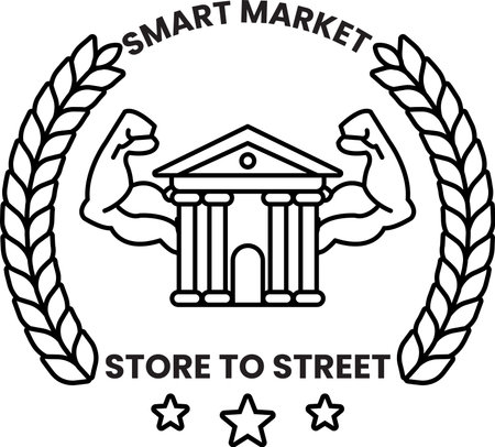A black and white image of a building with two muscular arms holding up a building. The image is titled "Smart Market" and is meant to represent a store that sells smart productsのイラスト素材
