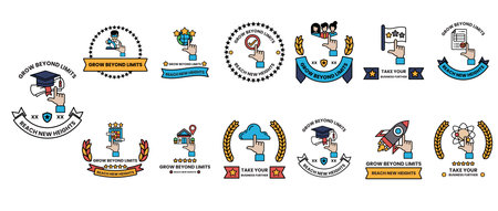 A collection of black and white logos and symbols. The first logo is a heart with a ribbon around itのイラスト素材