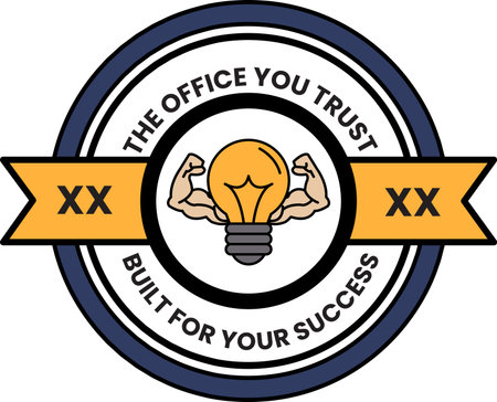 A logo for the Office You Trust. The logo features a light bulb and a muscular man. The logo is black and white and has a ribbon around it. The ribbon has the numbers XX on itのイラスト素材