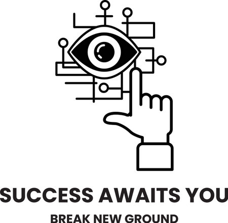 A black and white image of a hand pointing to an eye with the words success awaits you belowのイラスト素材