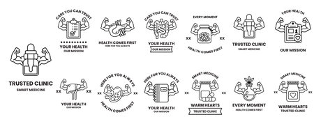 A logo for a gym that is called Trust Clinic. The logo features a muscular man with a flexed arm and a flexed leg. The logo also features a snake and a heartのイラスト素材