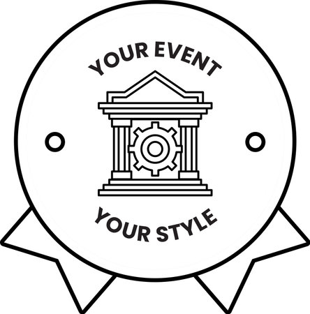 A white circle with a black logo of a building with a gear in the middle. The circle says "Your Event Your Style"のイラスト素材