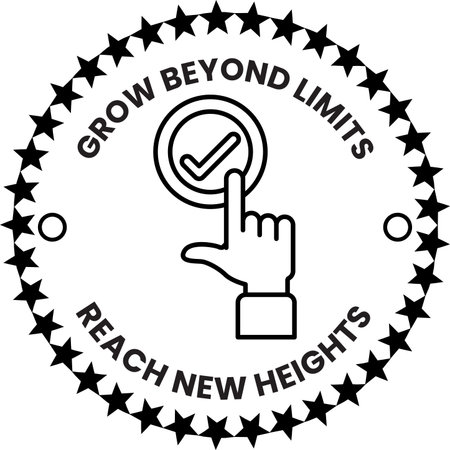 A black and white logo with a hand pointing to a check mark. The logo says "grow beyond limits" and "reach new heights"のイラスト素材