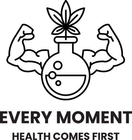 A black and white image of a man with a muscular arm holding a glass bottle with a plant inside. The bottle is labeled "Every moment" and the man is labeled "Health comes first"のイラスト素材