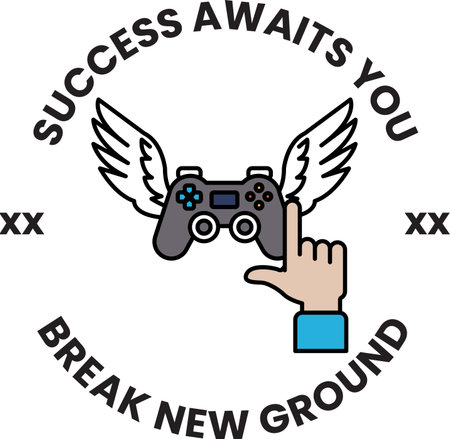 A black and white logo with a video game controller and the words "success awaits you" written around itのイラスト素材