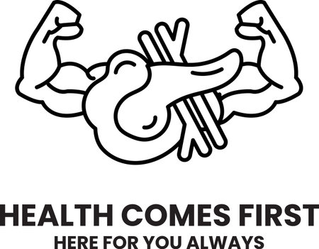 A muscular man with a large stomach and a pair of skis on his back. The image is titled "Health Comes First" and is meant to convey the idea that taking care of one's health is importantのイラスト素材