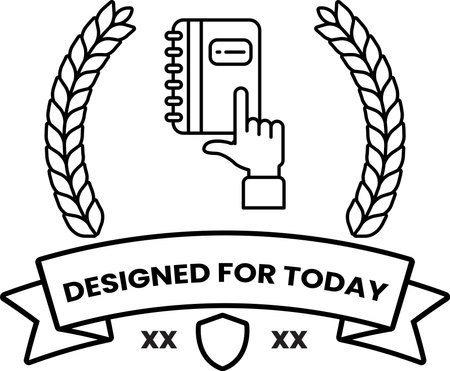 A book is shown with a hand pointing to it. The book is titled Designed for Today. The design is simple and elegant, with a ribbon and laurels surrounding the book. The ribbon is whiteのイラスト素材