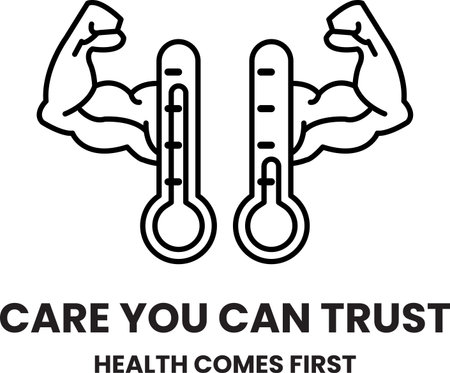 Two thermometers with a man's arms in between them. The text reads "Care you can trust" and "Health comes first"のイラスト素材