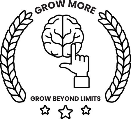 A black and white logo with a hand pointing to a brain. The logo is titled Grow More and is meant to represent the idea of growth and learningのイラスト素材