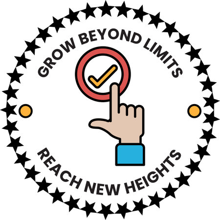 A black and white logo with a hand pointing to a check mark. The logo says "grow beyond limits" and "reach new heights"のイラスト素材