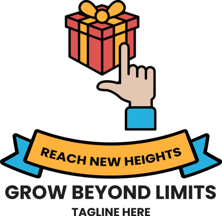 A white box with a red bow on top of it. A hand pointing to the box. The box is labeled "Grow Beyond Limits"のイラスト素材