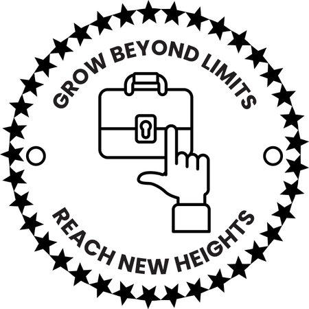 A black and white logo with a hand pointing to a briefcase. The logo says "grow beyond limits" and "reach new heights"のイラスト素材