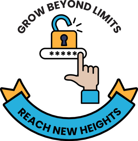 A logo for a company that is about to grow beyond limits. The logo features a hand pointing to a lock, which is a symbol for security. The logo is black and white and has a ribbon around itのイラスト素材