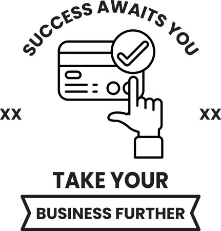 A credit card with a check mark on it. The text below the credit card says "Success awaits you you take your business further"のイラスト素材