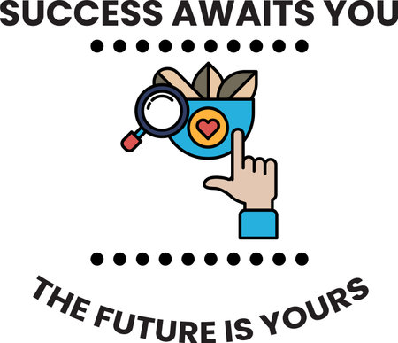 A black and white image of a hand pointing to a plant with a magnifying glass. The image is titled "Success Awaits You"のイラスト素材