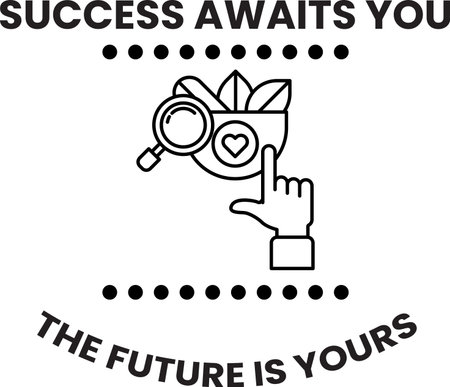 A black and white image of a hand pointing to a plant with a magnifying glass. The image is titled "Success Awaits You"のイラスト素材