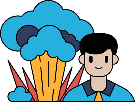 A man is standing in front of a cloud of smoke. He is smiling. Scene is lighthearted and playful