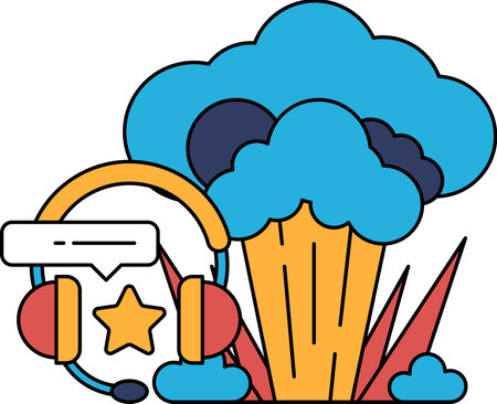 A cartoon drawing of a cloud with a star and a microphone. The cloud is surrounded by a lot of other...