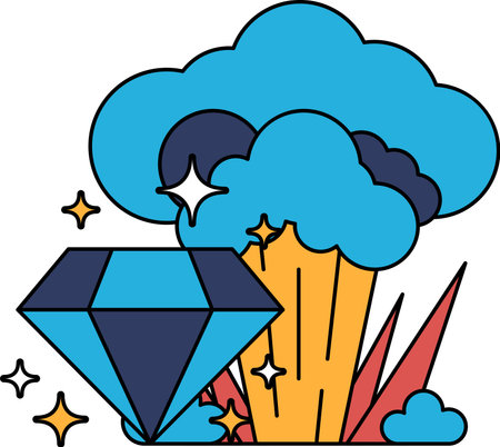 A diamond is surrounded by a cloud of smoke and sparks. The diamond is shining brightly, while the...