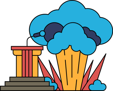 A large cloud of smoke is blowing through the air. The smoke is coming from a building that has a microphone on top of it. The microphone is being used to broadcast a messageのイラスト素材