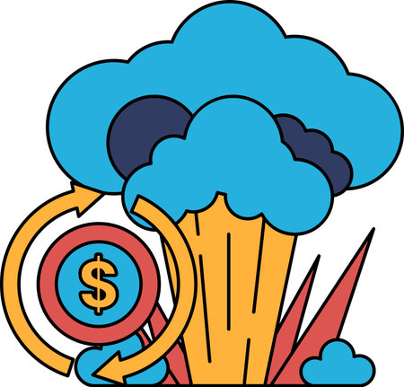 A dollar sign is on a circle with a dollar bill inside. The dollar bill is on top of a large cloud