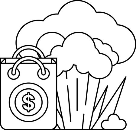 A bag with a dollar sign on it is next to a cloud of smoke. Concept of chaos and confusion, as if the dollar sign is being blown away by the smokeのイラスト素材